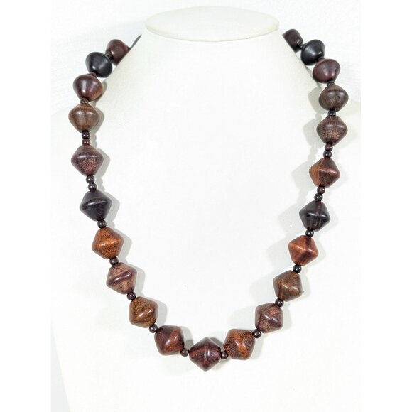 Vintage Brown Wood Chunky Bead Statement Necklace 24" Tribal Boho - Picture 1 of 8